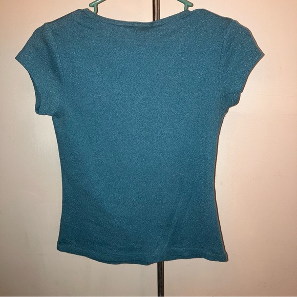3/$20 Bisou Bisou teal short sleeve v-neck nylon blend top size medium - Picture 7 of 7